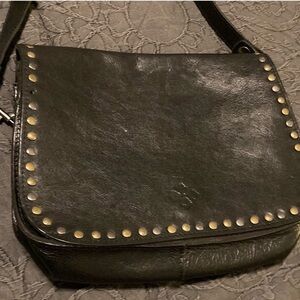 Patricia Nash Black Leather Saddle Crossbody with Studded Flap